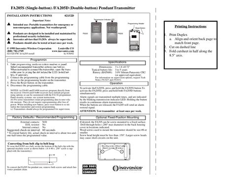 inovonics fa205d pdf manual